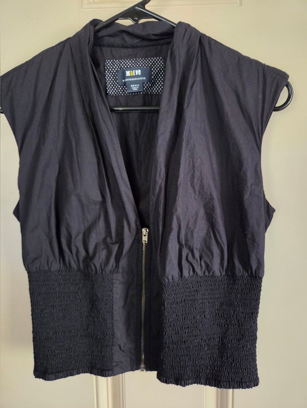 Anthropologie Maeve Black Sleeveless Zip-Front Vest with Smocked Waist